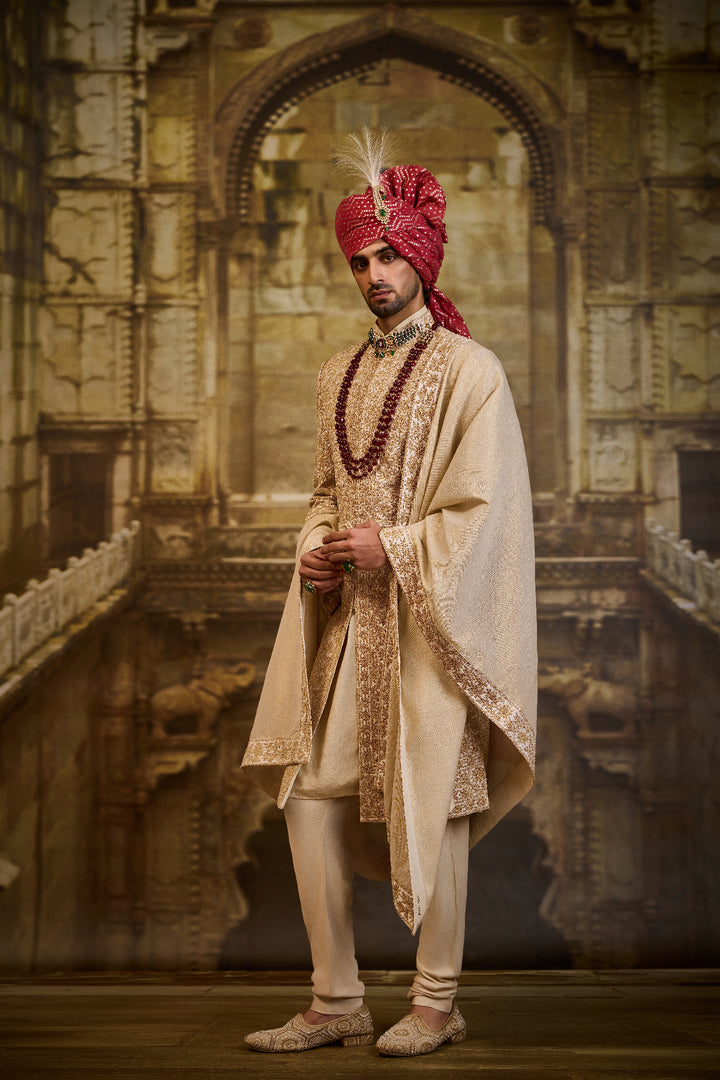Ivory Taffeta Sherwani Gold Kiran Dori