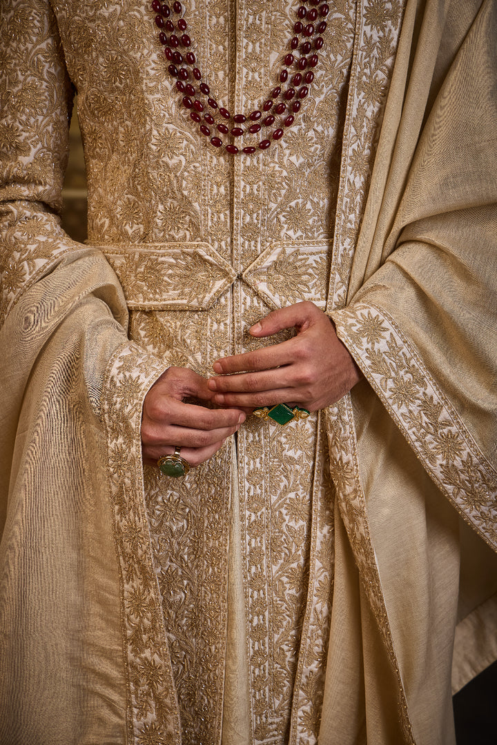 Ivory Taffeta Sherwani Gold Kiran Dori