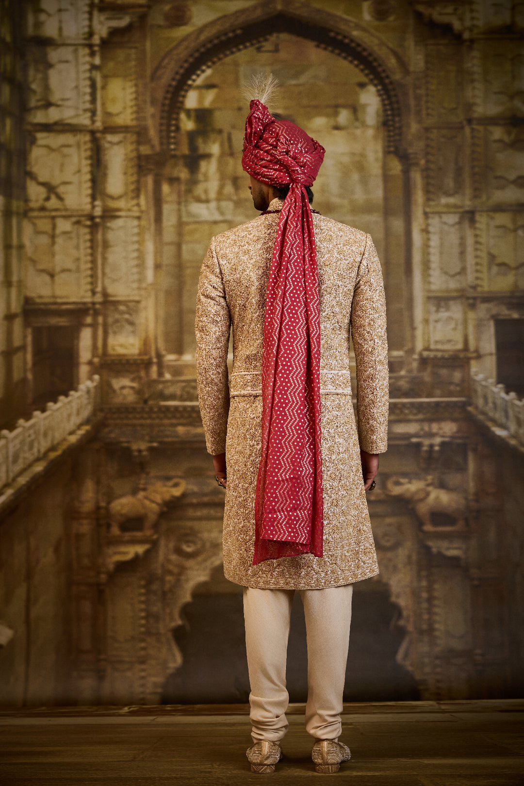 Ivory Taffeta Sherwani Gold Kiran Dori