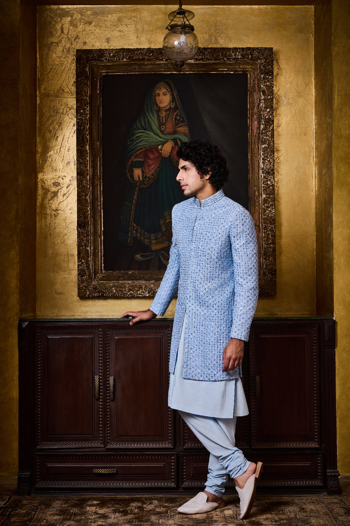 Sky Blue Short Sherwani Kurta Churidar Set