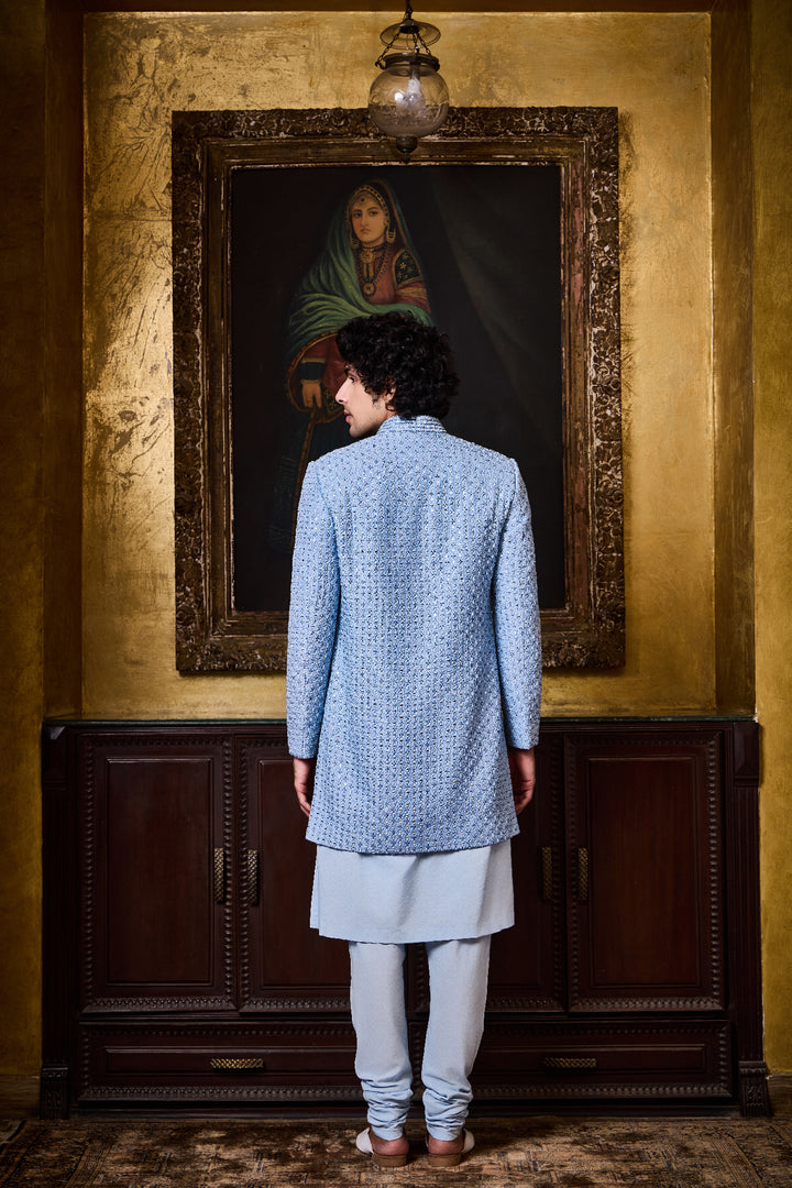 Sky Blue Short Sherwani Kurta Churidar Set