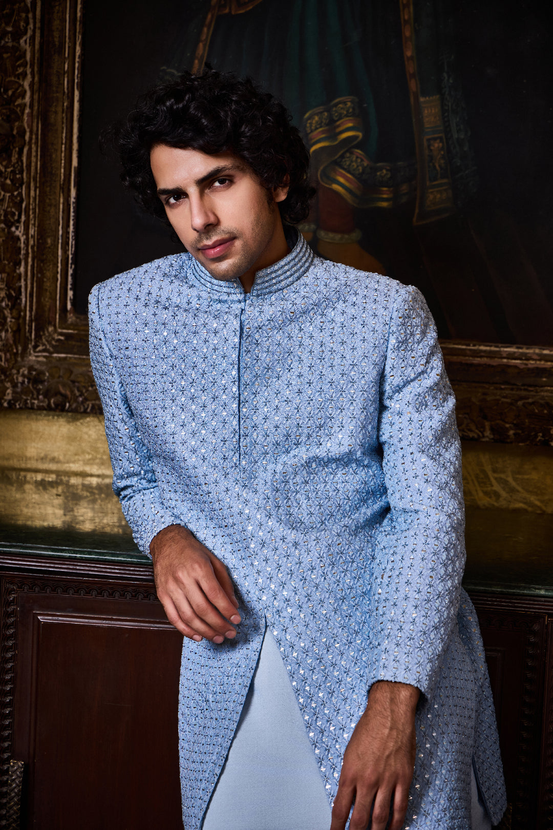 Sky Blue Short Sherwani Kurta Churidar Set