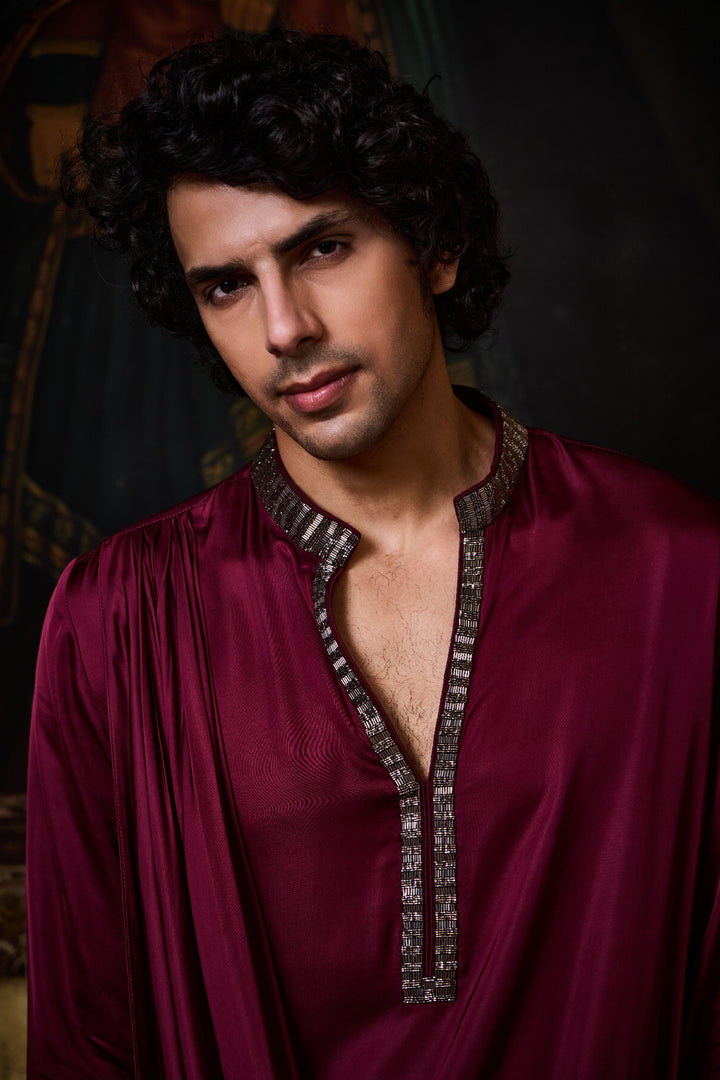 Burgundy Draped Satin Kurta Cowled Salwar Set