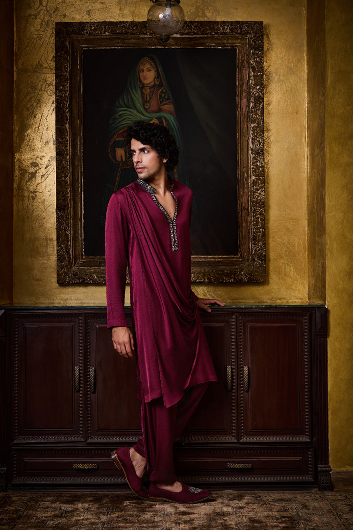 Burgundy Draped Satin Kurta Cowled Salwar Set