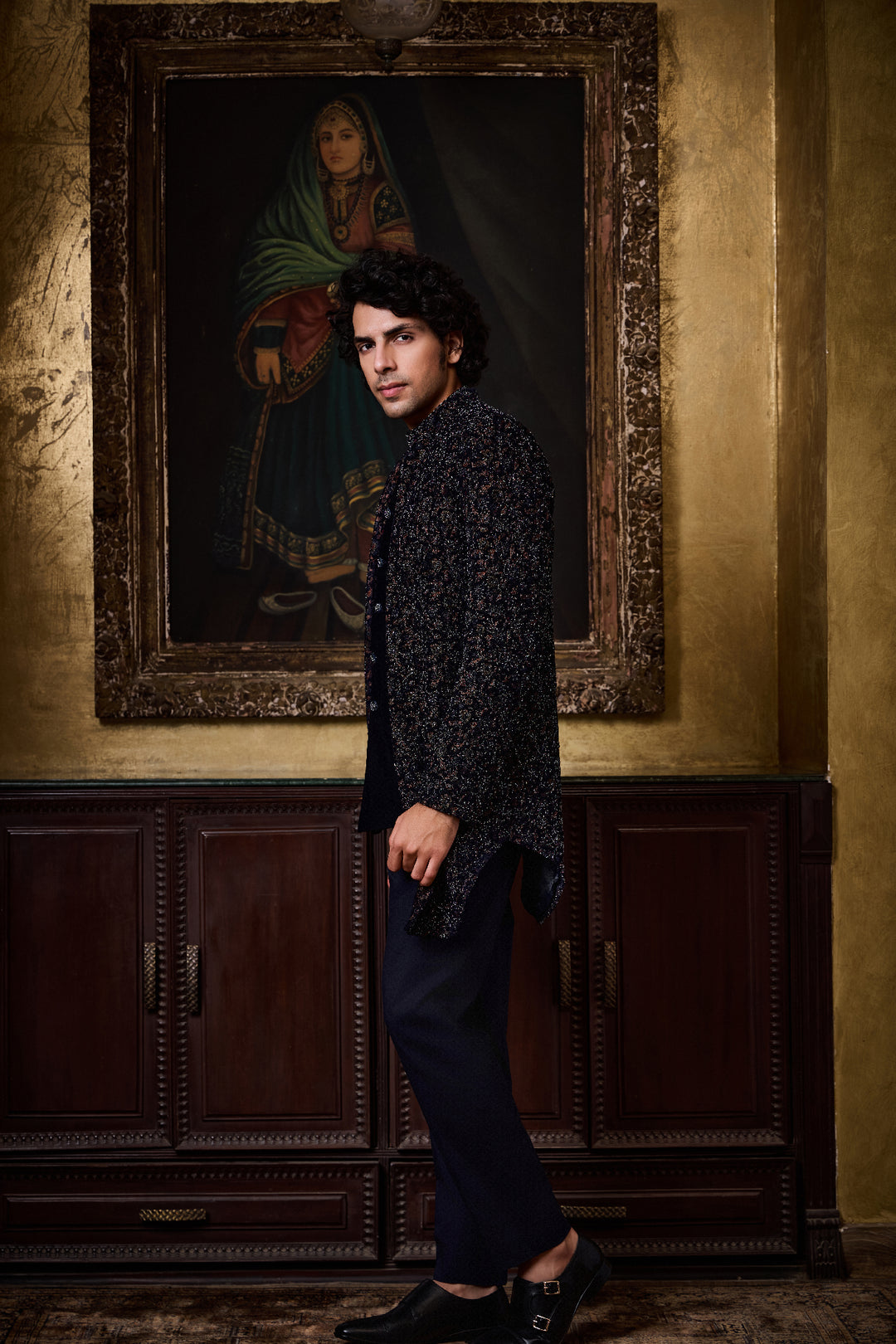 Blue Velvet Open Jacket With Vest Set