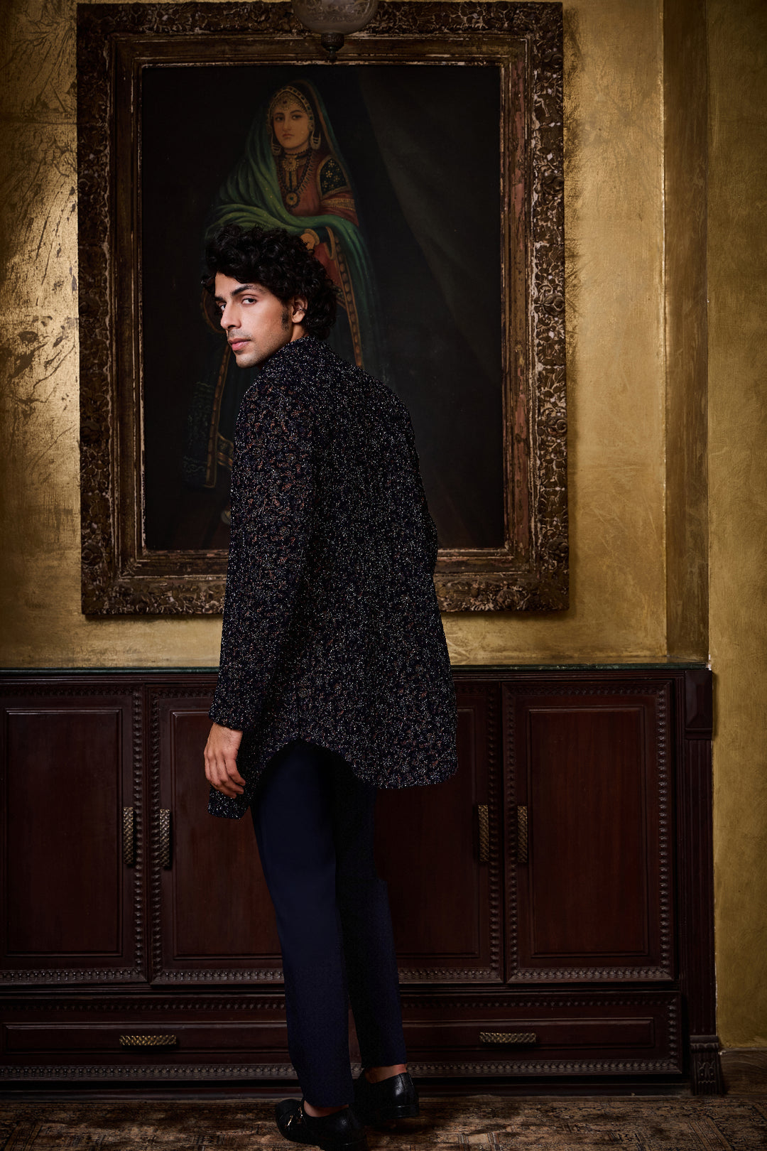 Blue Velvet Open Jacket With Vest Set