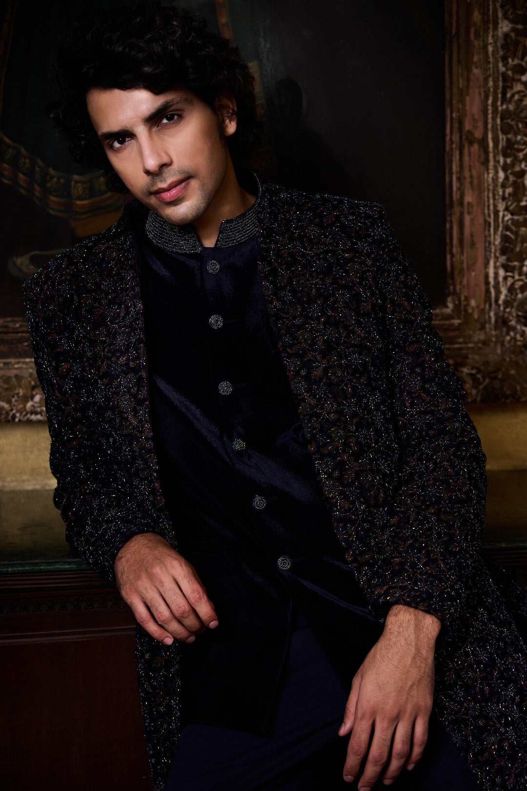 Blue Velvet Open Jacket With Vest Set