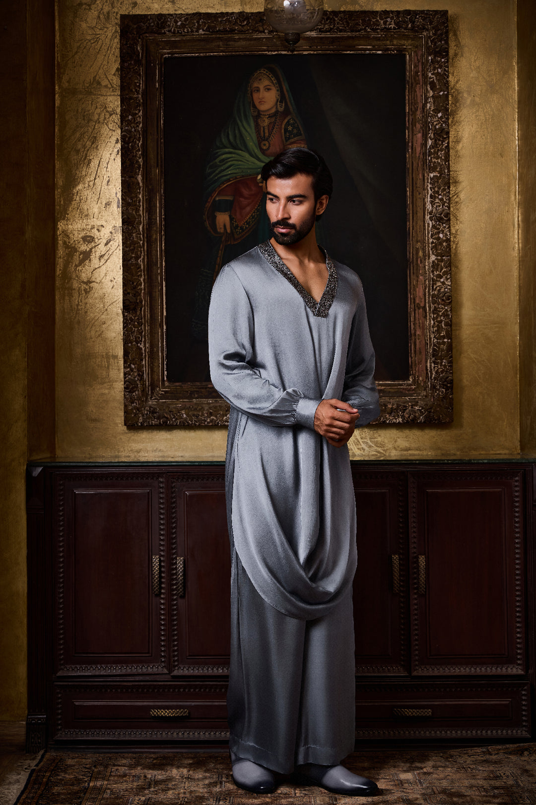 Grey Draped Kurta Farshi Pajama Set