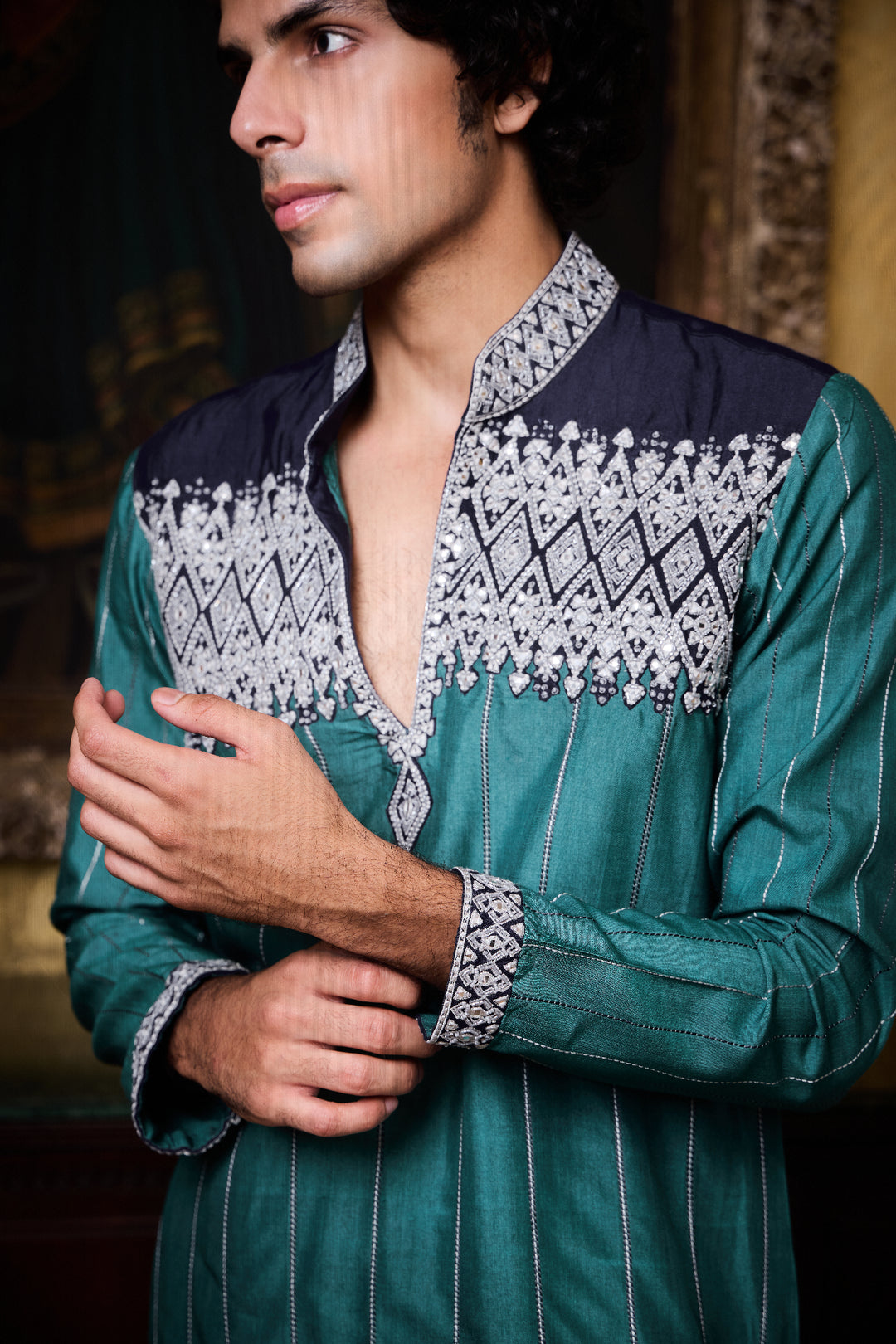 Teal Navy Dhagai Kurta Set