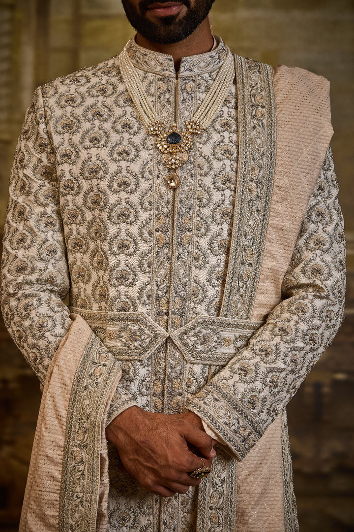 Ivory Taffeta Silk Sherwani Beige French Knots And Zardozi Work