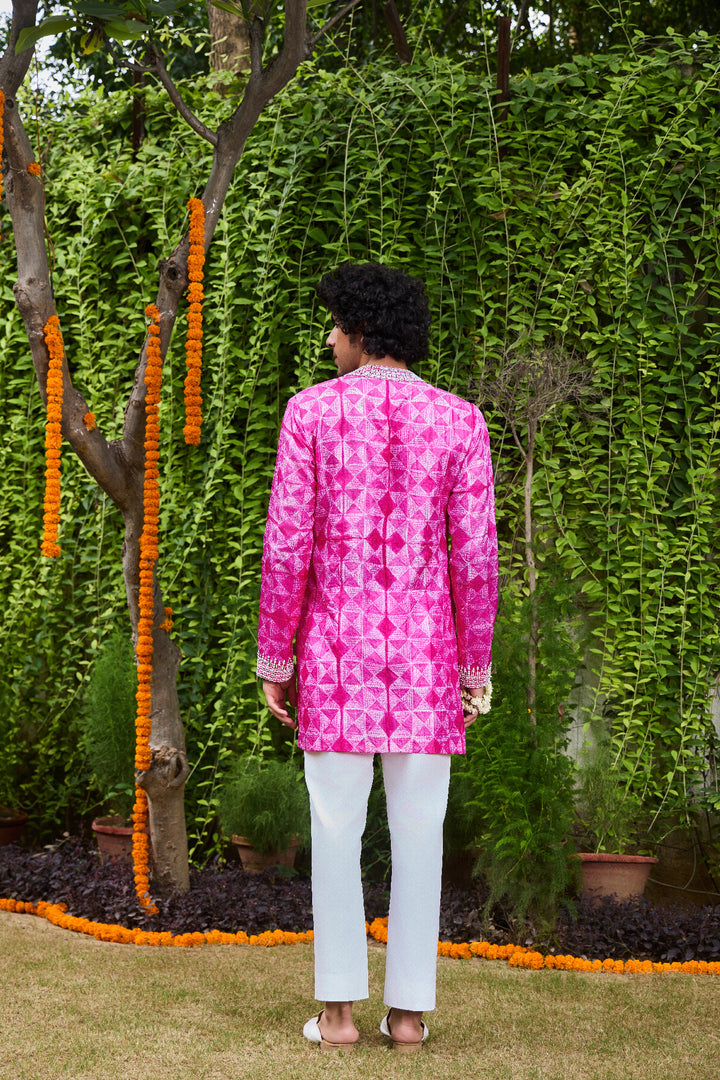 Fuschia Shibori Tie-Dye Embroidery Silk Kurta Trouser Set