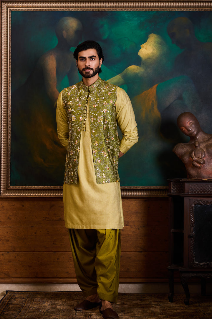 Olive Green Bundi Kurta Set