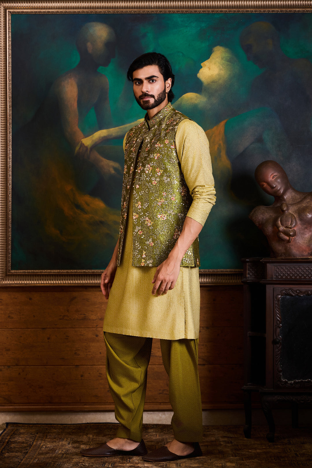 Olive Green Bundi Kurta Set