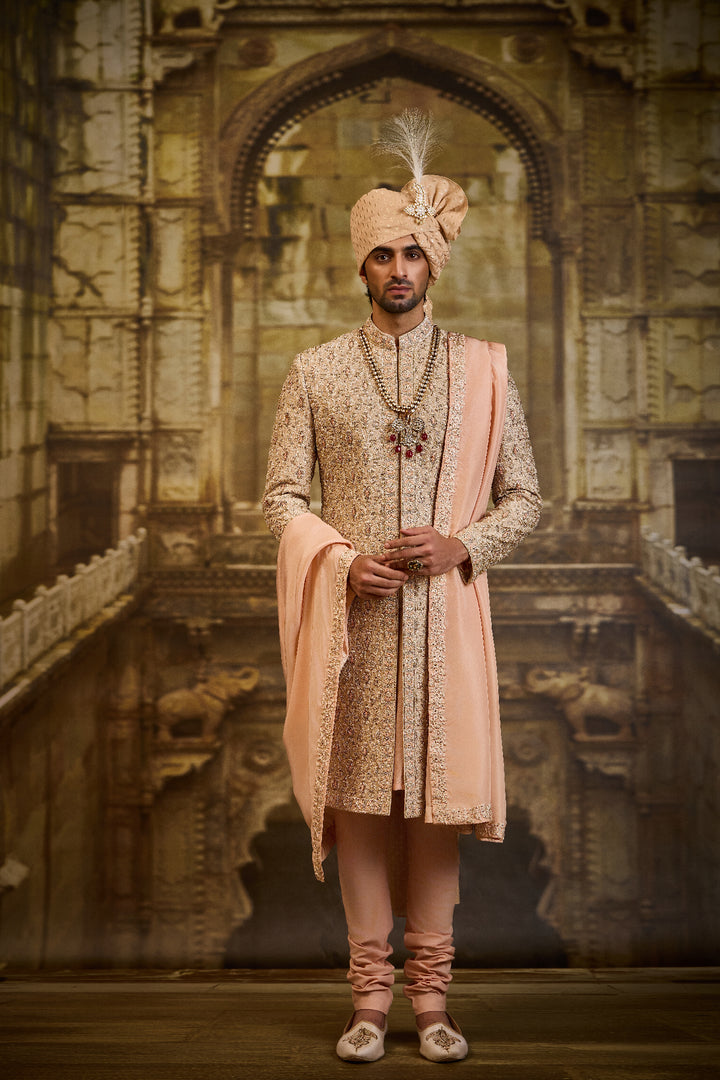 Peach Twill Tissue Brocade Sherwani Set