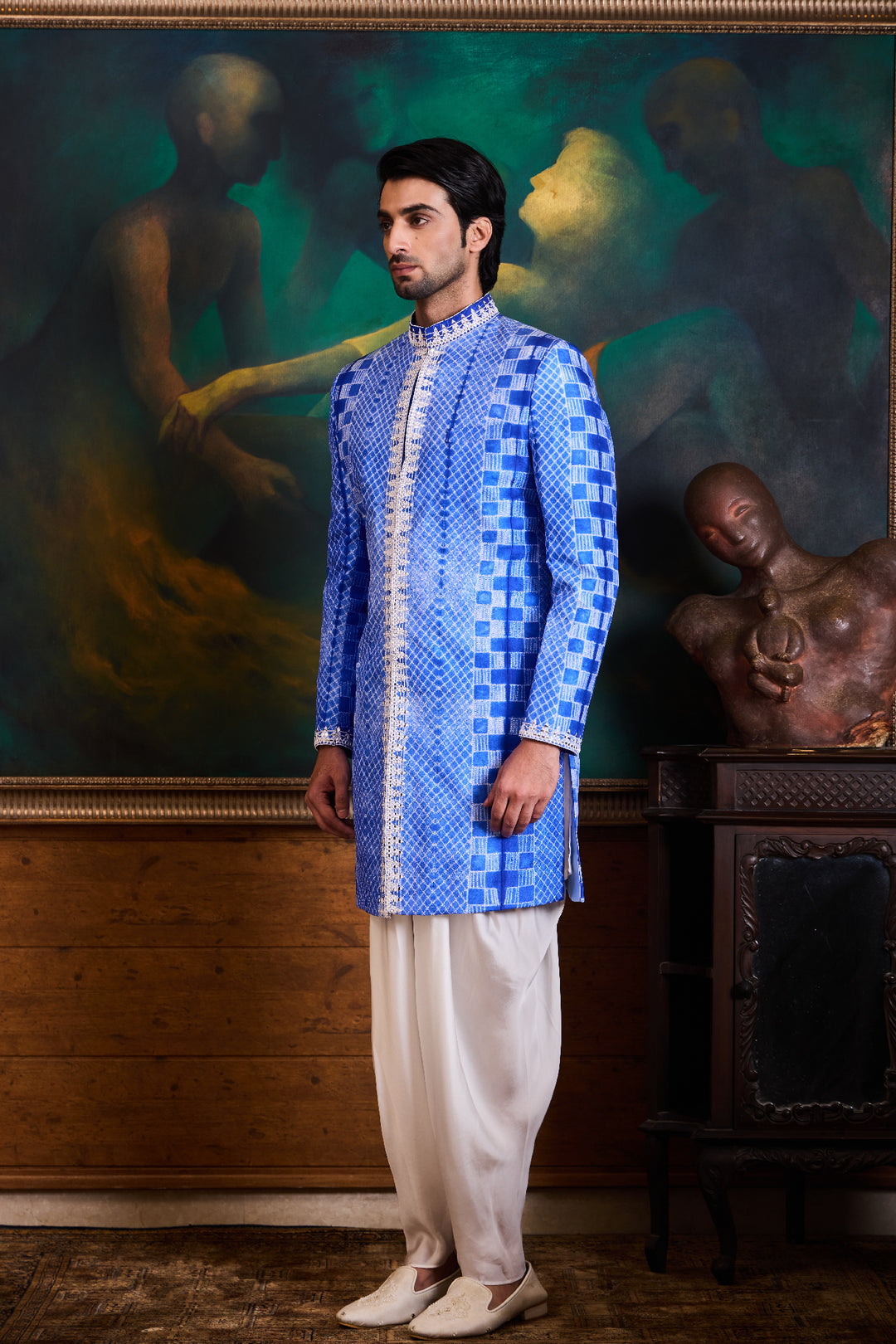 Blue Shibori Short Sherwani Dhoti Set