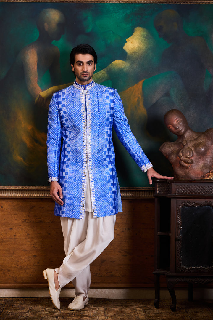 Blue Shibori Short Sherwani Dhoti Set