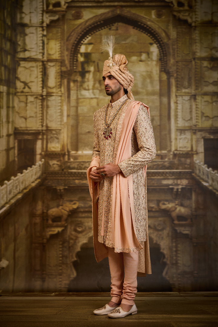 Peach Twill Tissue Brocade Sherwani Set