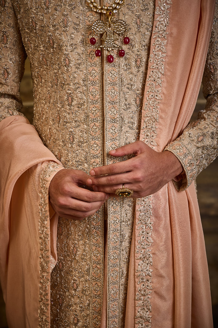 Peach Twill Tissue Brocade Sherwani Set