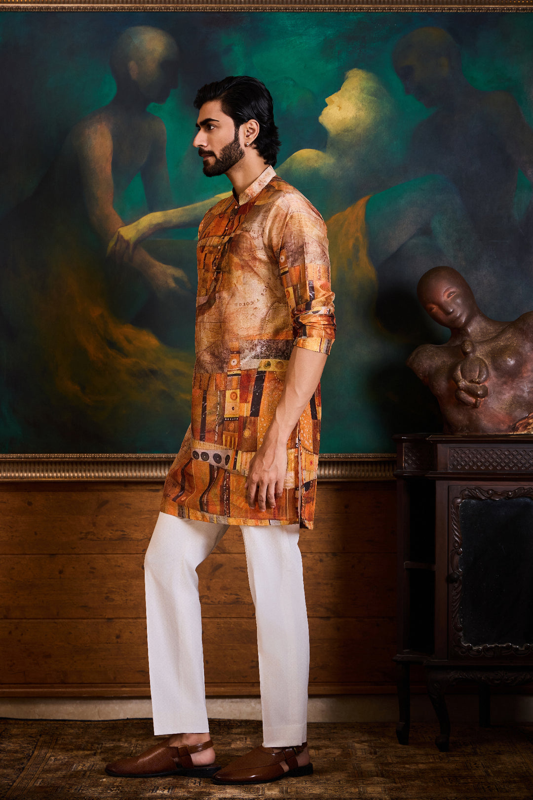 Mustard Printed Kurta Churidar Set