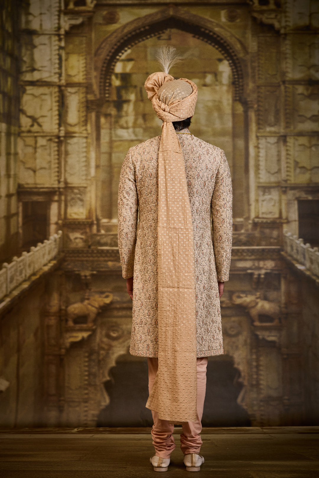 Peach Twill Tissue Brocade Sherwani Set