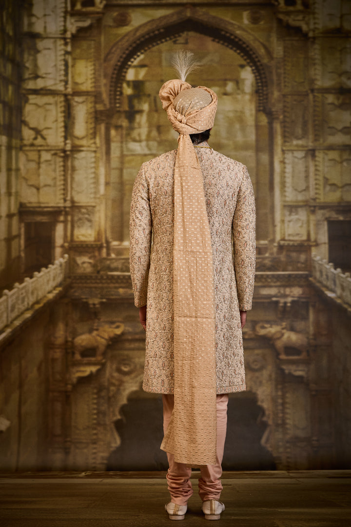 Peach Twill Tissue Brocade Sherwani Set