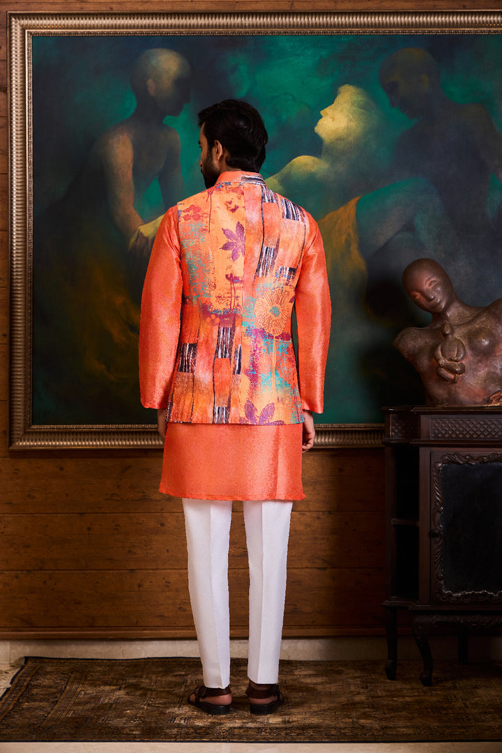 Peach Coral Printed Kurta Bundi Set