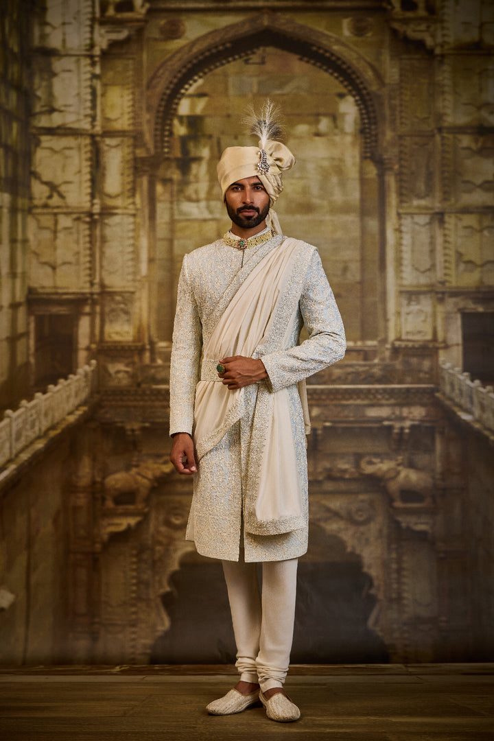 Powder Blue Taffeta Sherwani Set