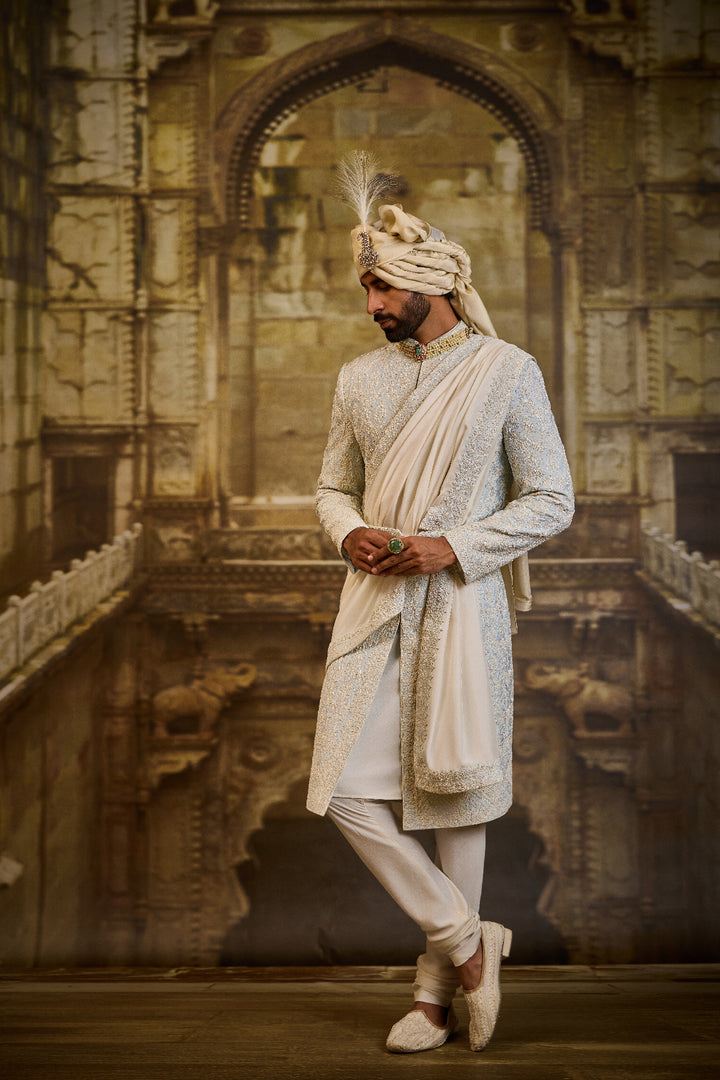 Powder Blue Taffeta Sherwani Set