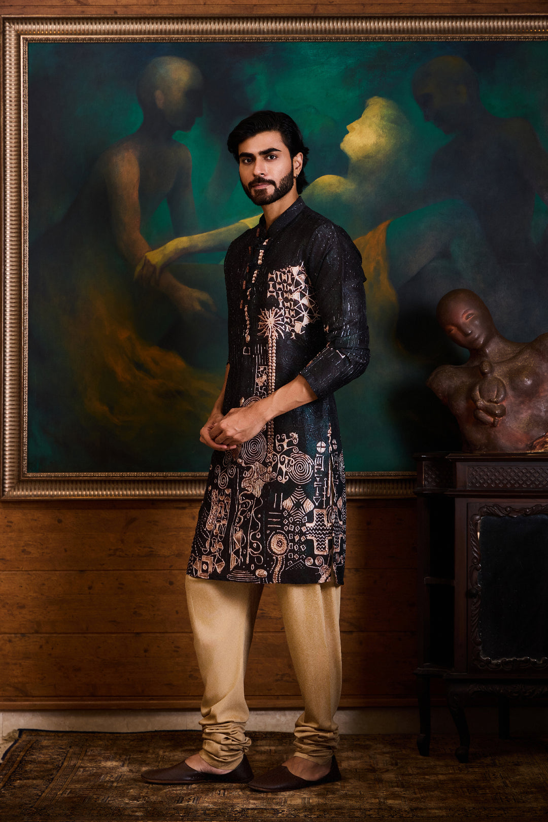 Black Printed Kurta Churidar Set
