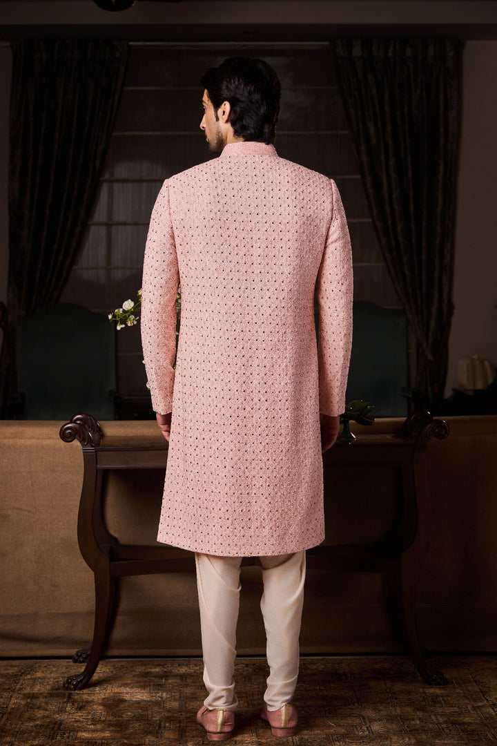 Peach Sherwani Kurta Dhoti Set