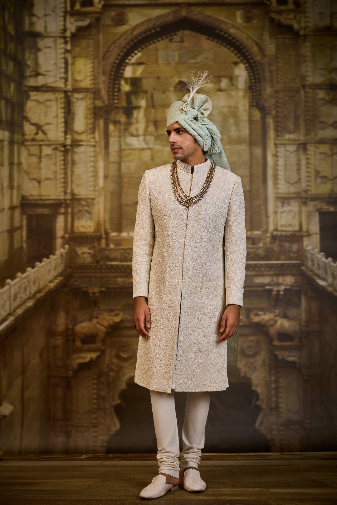 Ivory Self Embroidered Sherwani Set