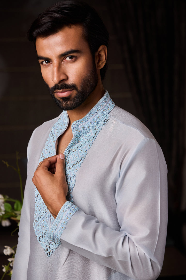 Powder Blue Chanderi Kurta Beadwork Set