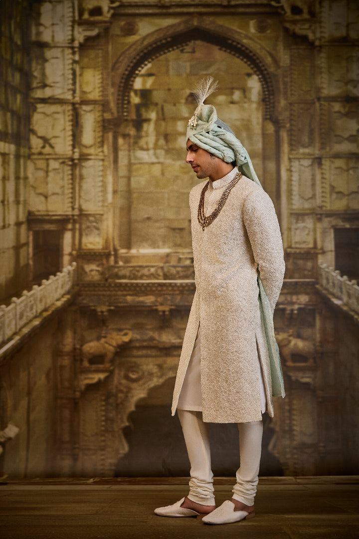 Ivory Self Embroidered Sherwani Set
