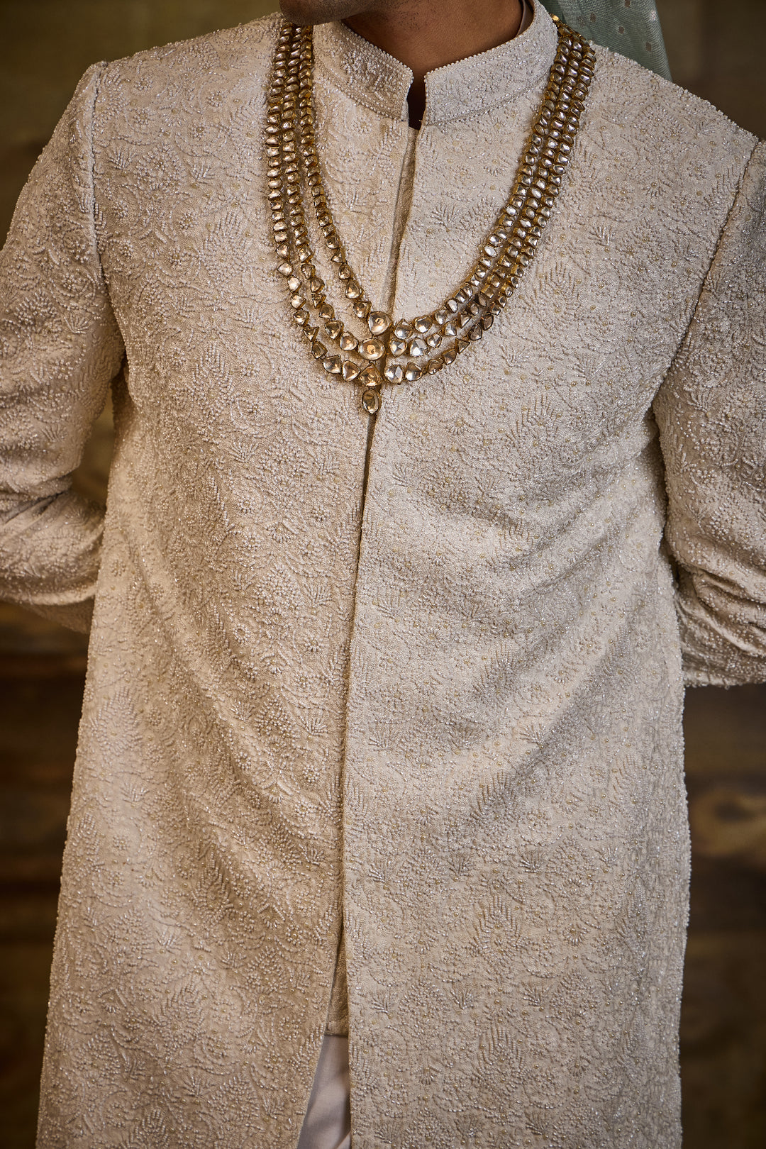 Ivory Self Embroidered Sherwani Set