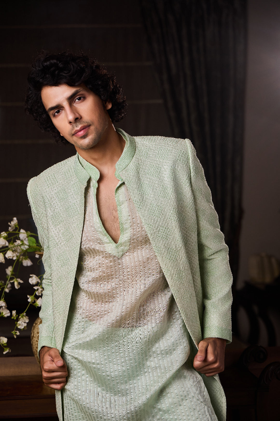 Mint Green Sherwani Jacket Kurta Trouser Set