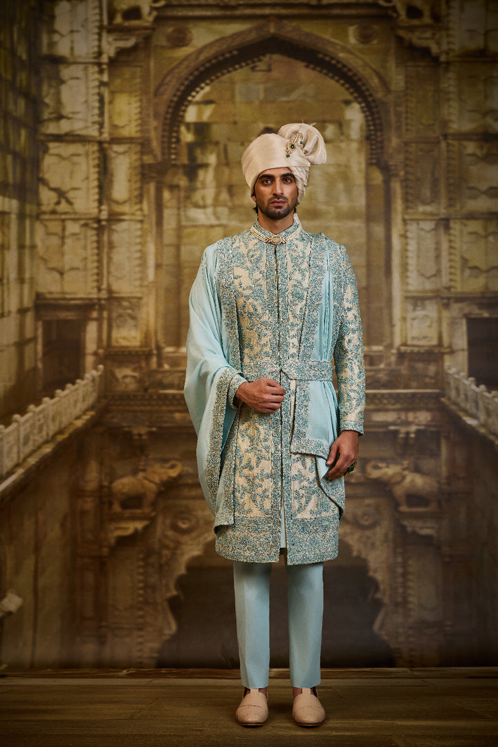Aqua Brocade Sherwani Dori Work