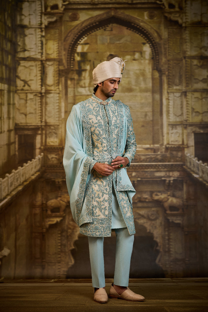 Aqua Brocade Sherwani Dori Work