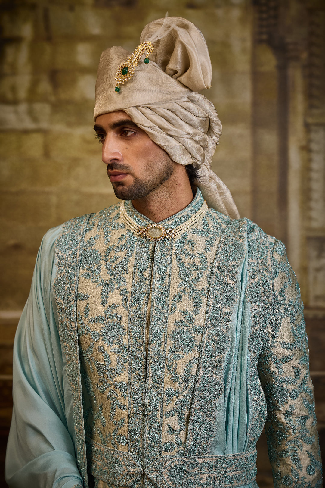 Aqua Brocade Sherwani Dori Work