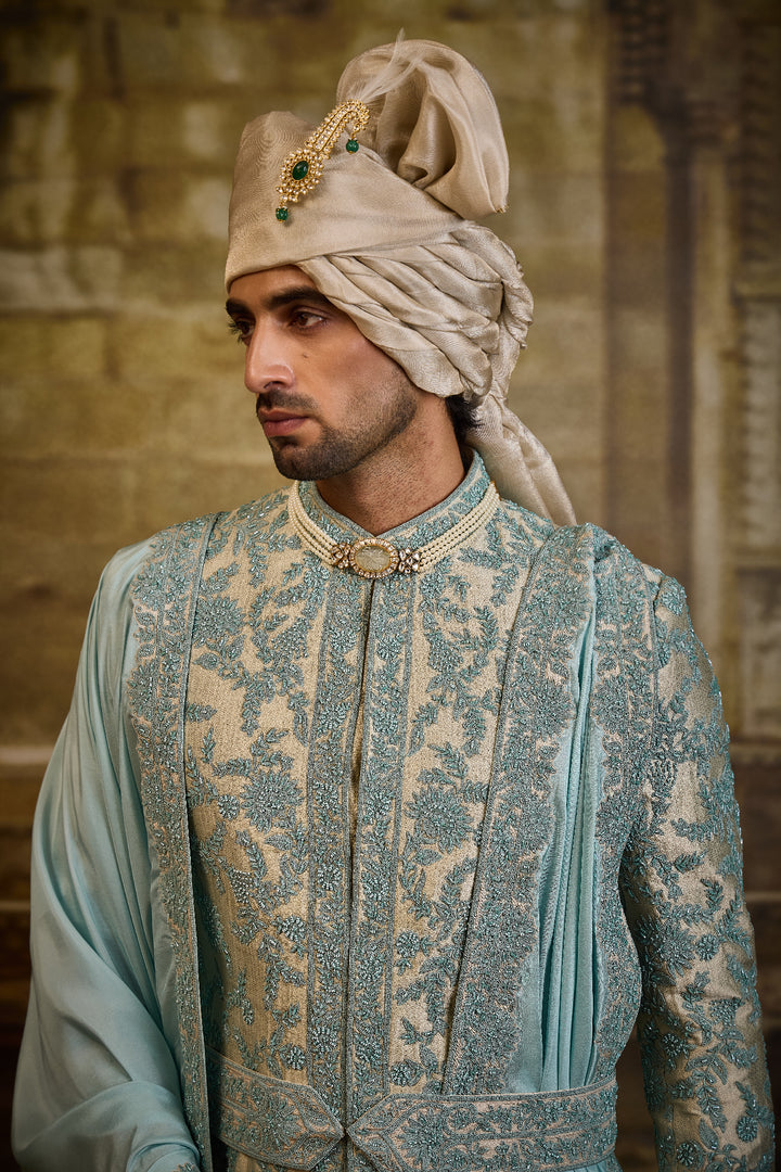 Aqua Brocade Sherwani Dori Work