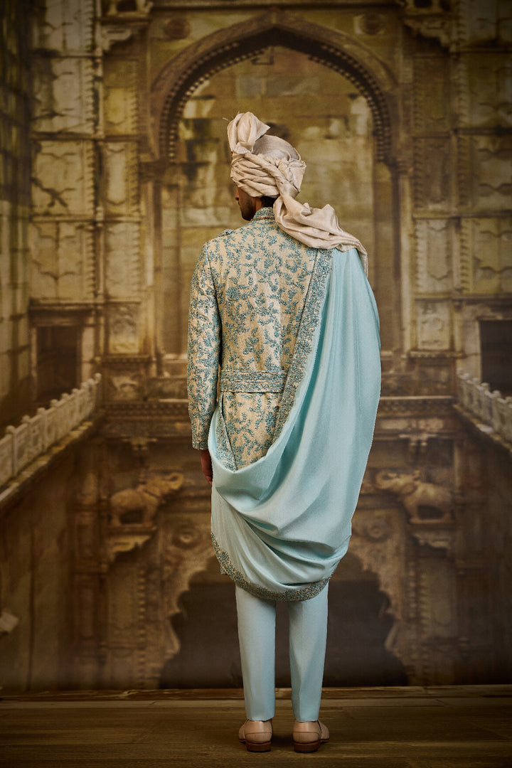 Aqua Brocade Sherwani Dori Work