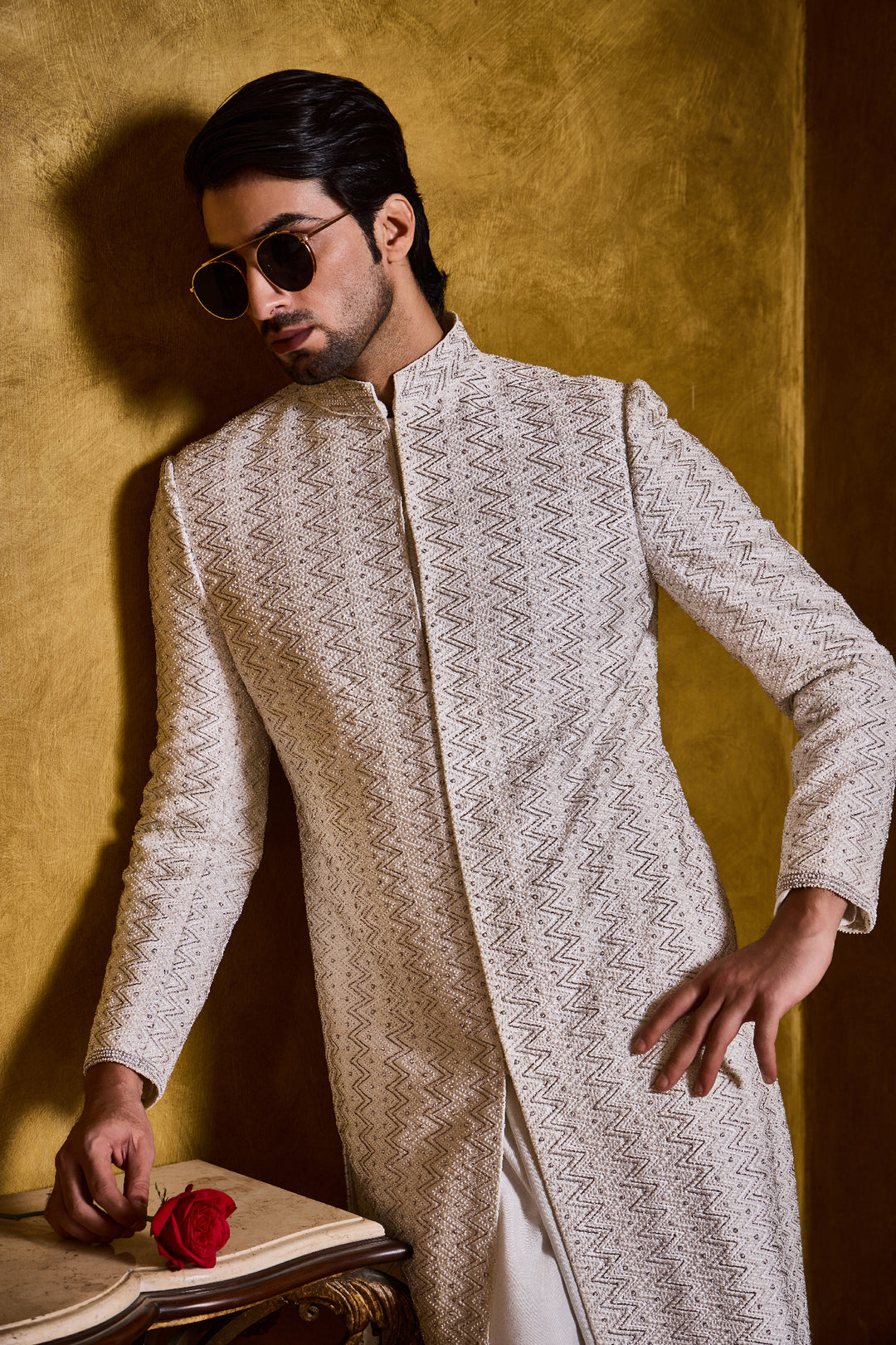 Ivory Sherwani Zig Zag Pattern Silver Work Set