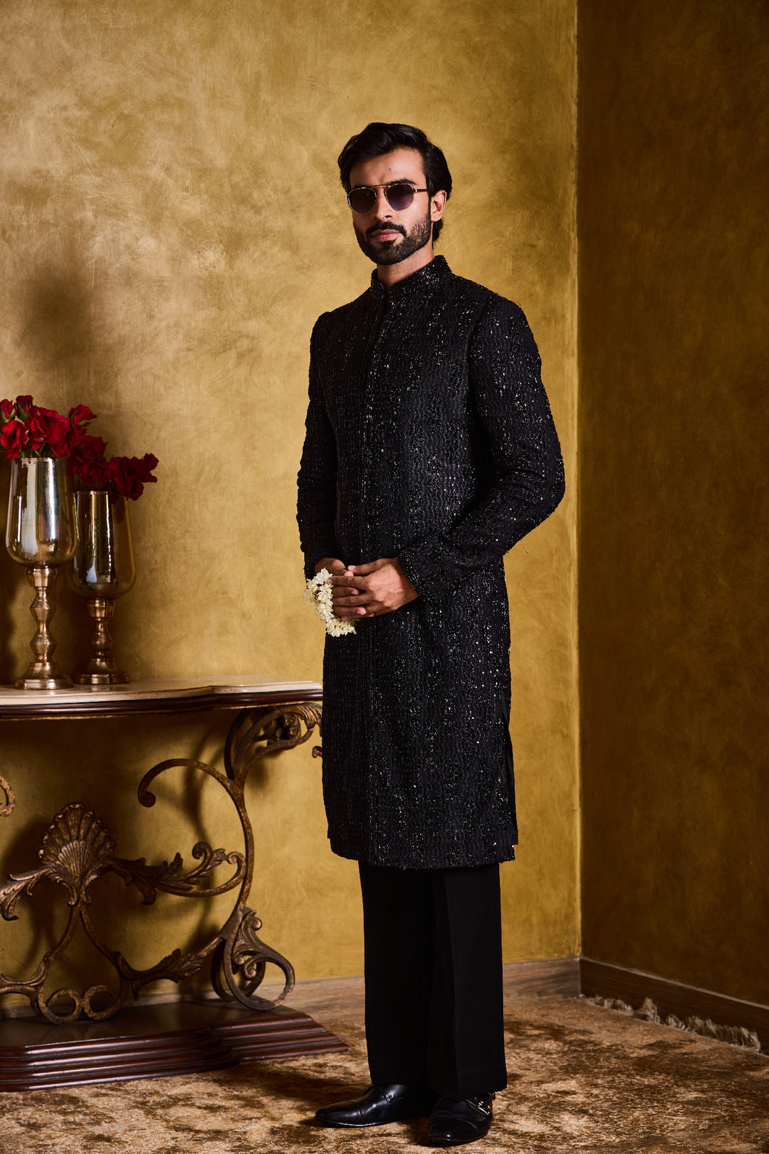 Black Embroidered Sherwani With Kurta And Pant Set