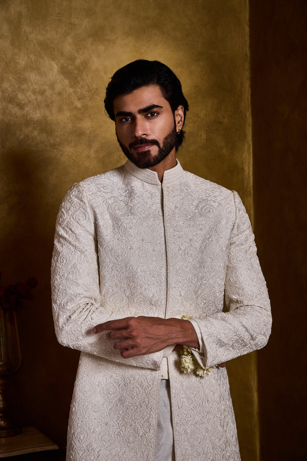 Ivory Raw Silk Sherwani Short Self Embroidery Set