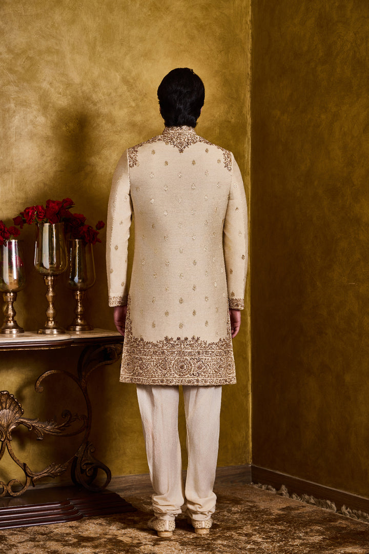 Beige Monga Banarasi Booti Sherwani Set