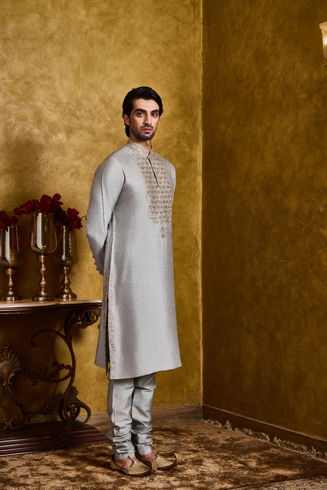 Grey Green Cotton Silk Kurta Churidar Set