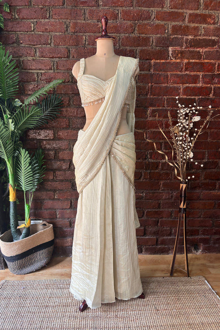 Champagne Gold Shimmer Tissue Pre-Stitched Saree