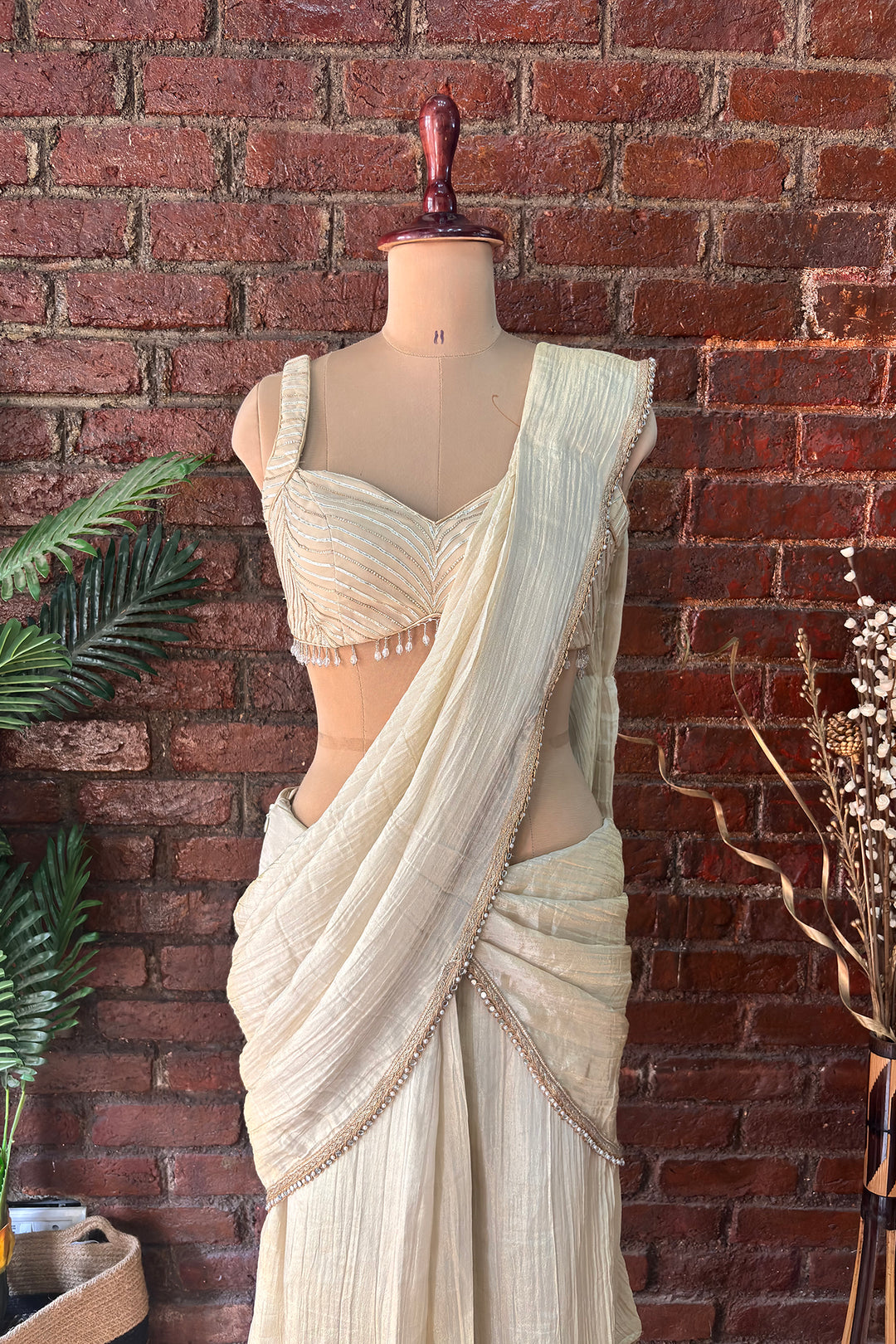 Champagne Gold Shimmer Tissue Pre-Stitched Saree