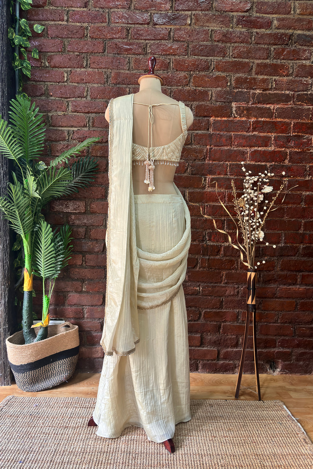 Champagne Gold Shimmer Tissue Pre-Stitched Saree