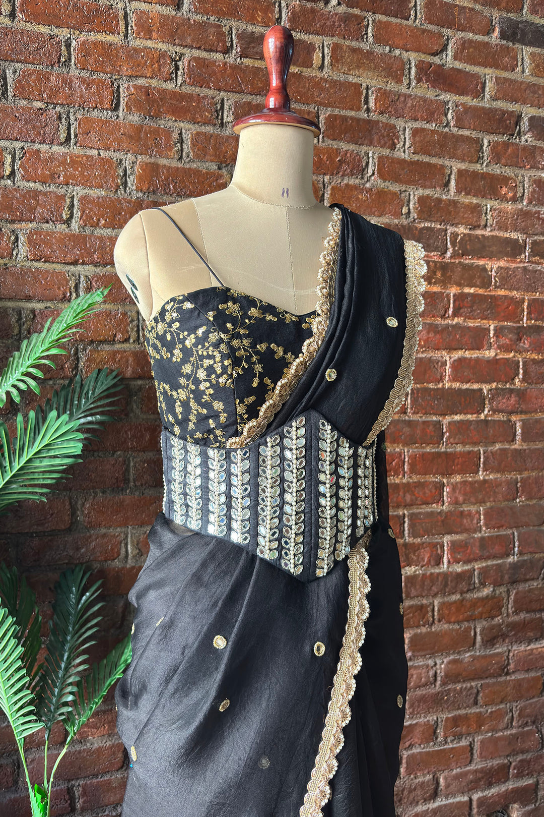 Black Organza Saree With Mirror Work Corset Belt