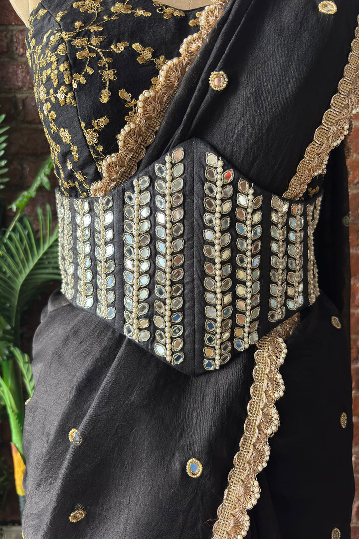 Black Organza Saree With Mirror Work Corset Belt